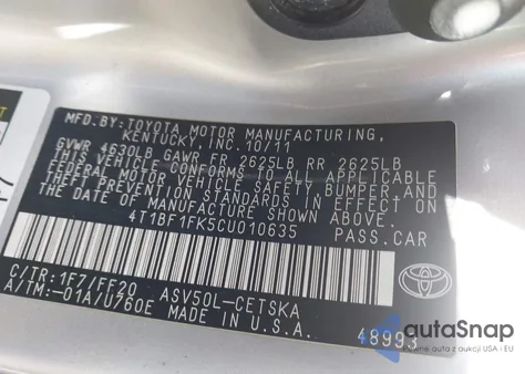 2012 Toyota Camry Se from USA, damaged, VIN 4T1BF1FK5CU010635